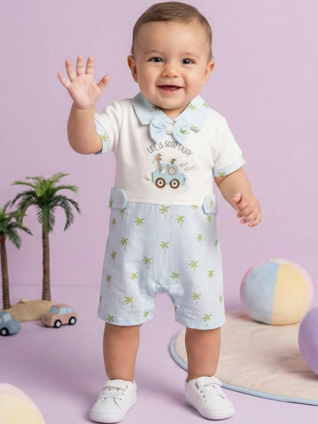 Pompidou Infant Boys Printed Short Sleeves Cotton Rompers