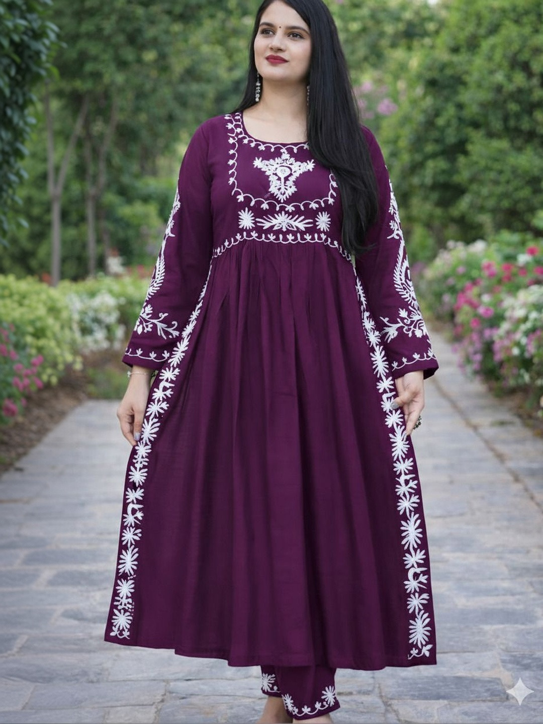 HERE&NOW Women Ethnic Motifs Embroidered Tiered Thread Work Kurta with Trousers