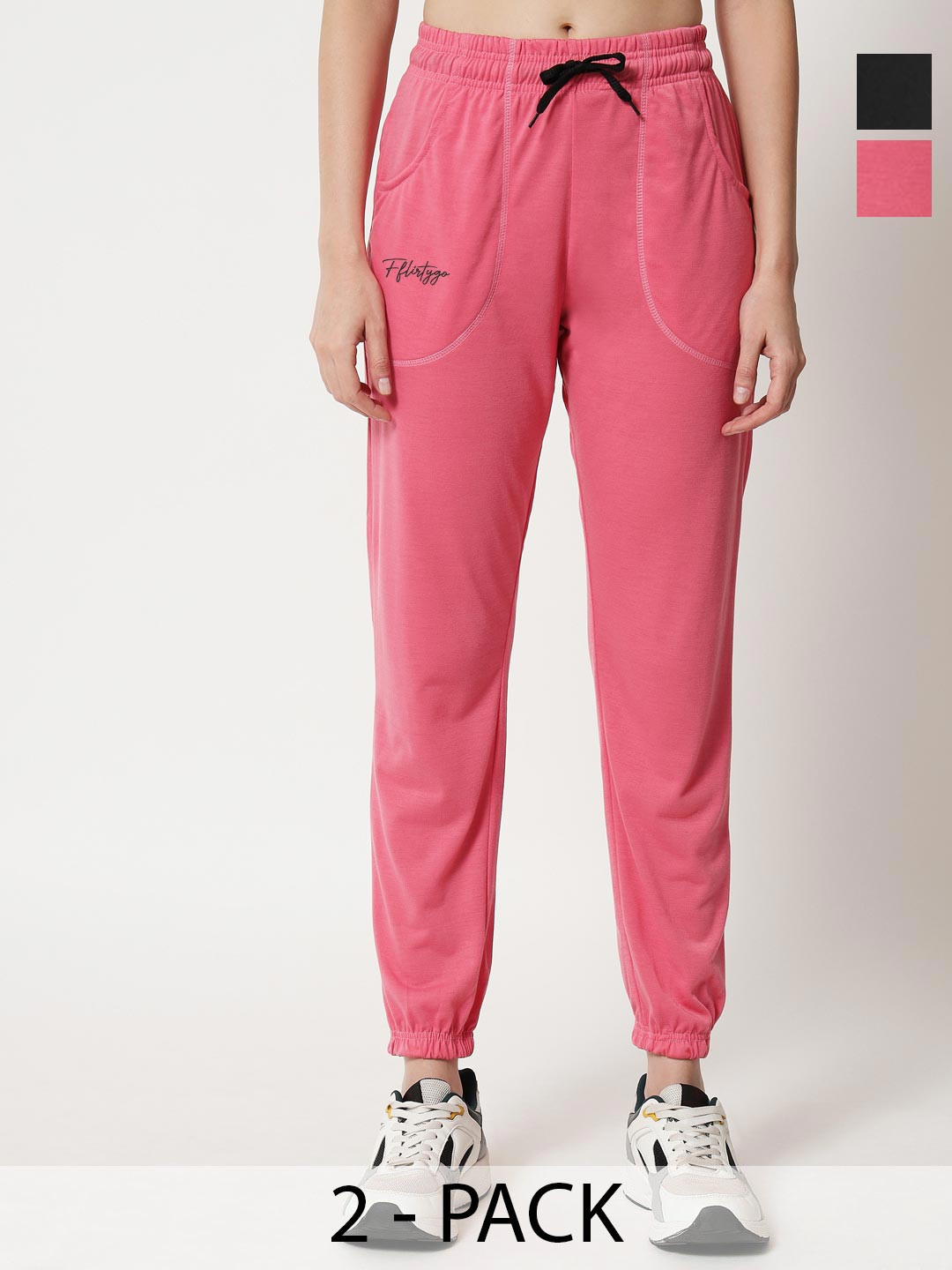 FFLIRTYGO Women Pink & Blue Set Of 2 Black & Solid Track Pants