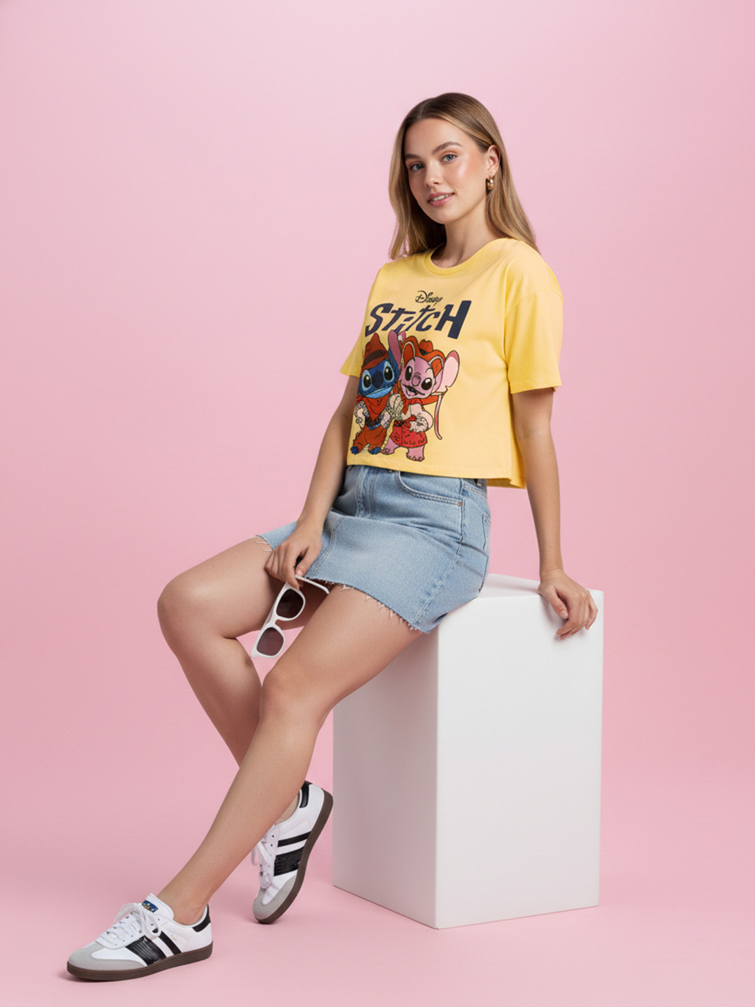 Disney by DressBerry Lilo & Stitch Printed Drop-Shoulder Sleeves Boxy T-shirt