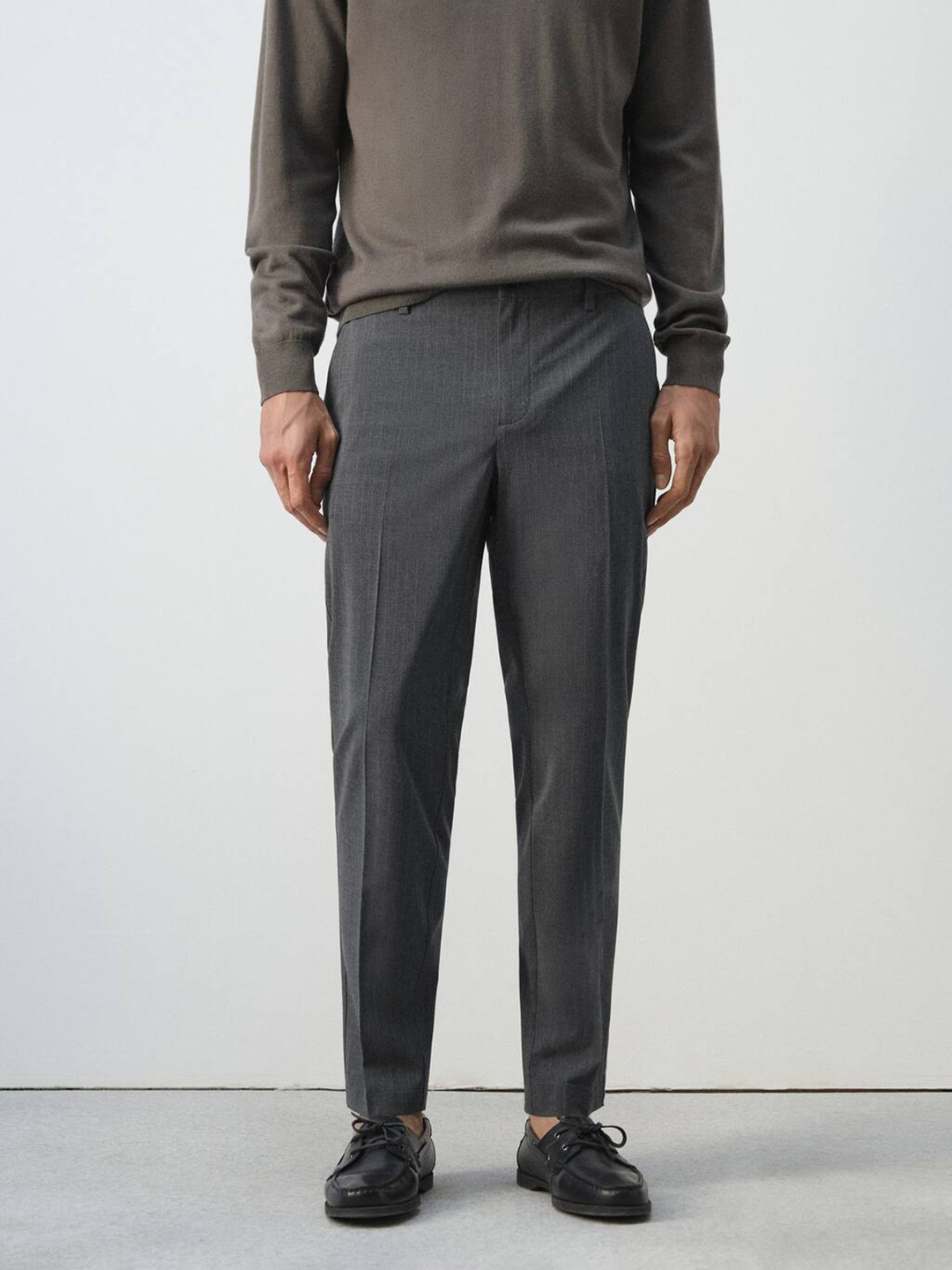 MANGO MAN Men Striped Slim Fit Cropped Pleated Trousers