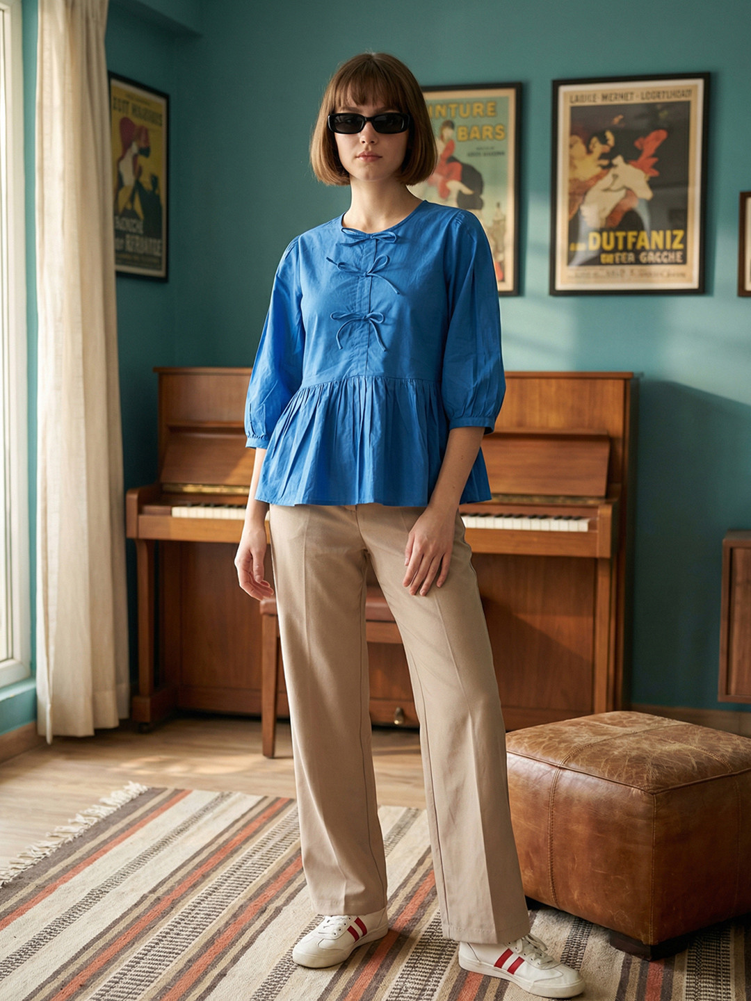ZUMMER Women Solid Gathered or Pleated Round Neck Cotton Peplum Top