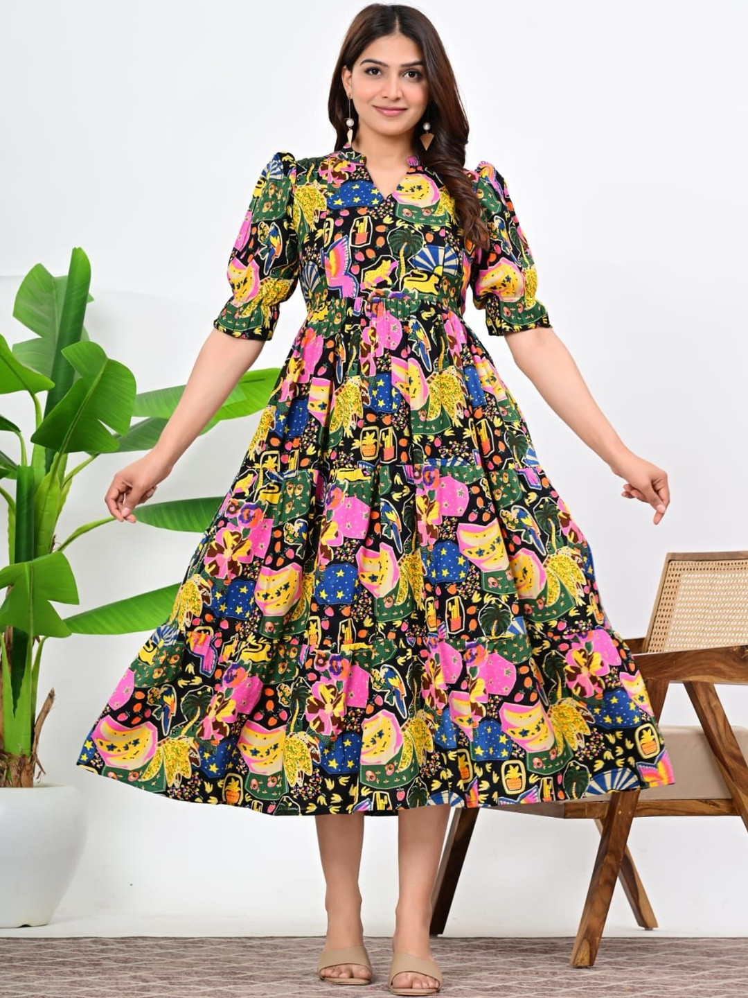 Charnest Floral Printed Flared Sleeves Thread Work Maternity Anarkali Kurta
