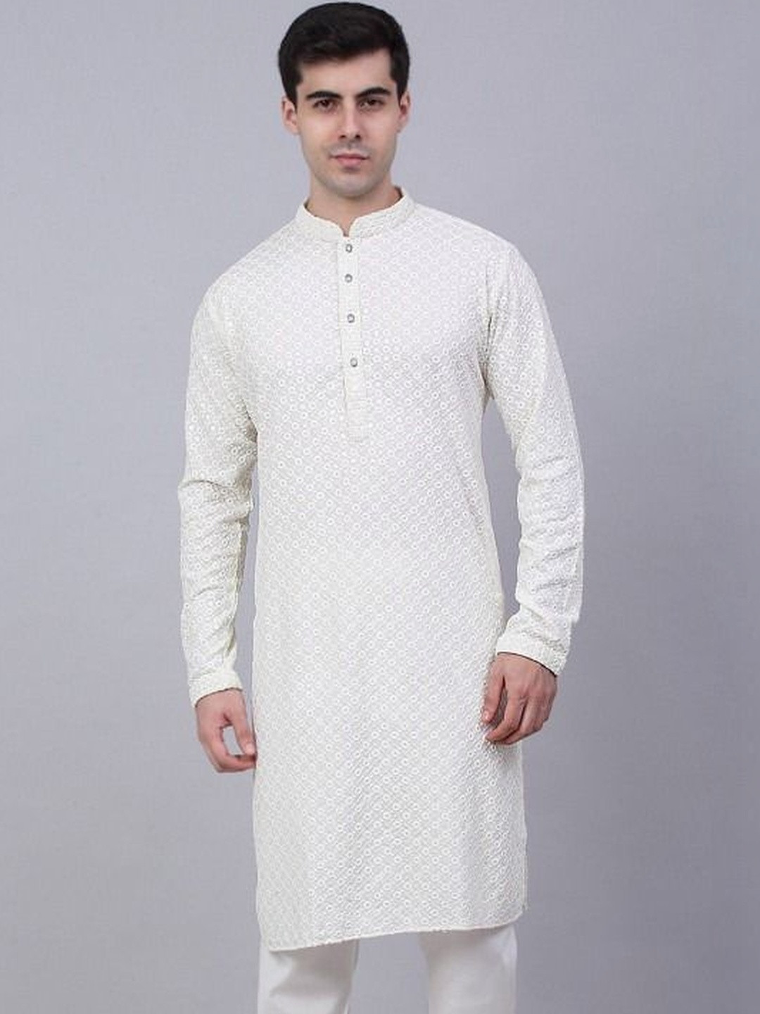 PRINTINDIA Men Ethnic Motifs Embroidered Regular Chikankari Pure Cotton Kurta with Pyjamas
