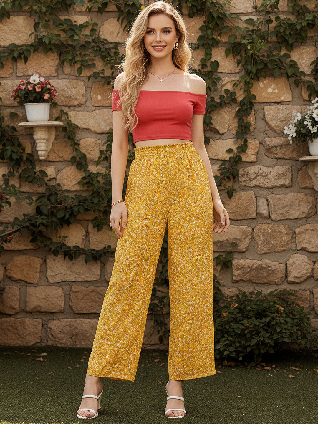 Berrylush Women Yellow Floral Printed Straight Leg High-Rise Parallel Regular Fit Trousers