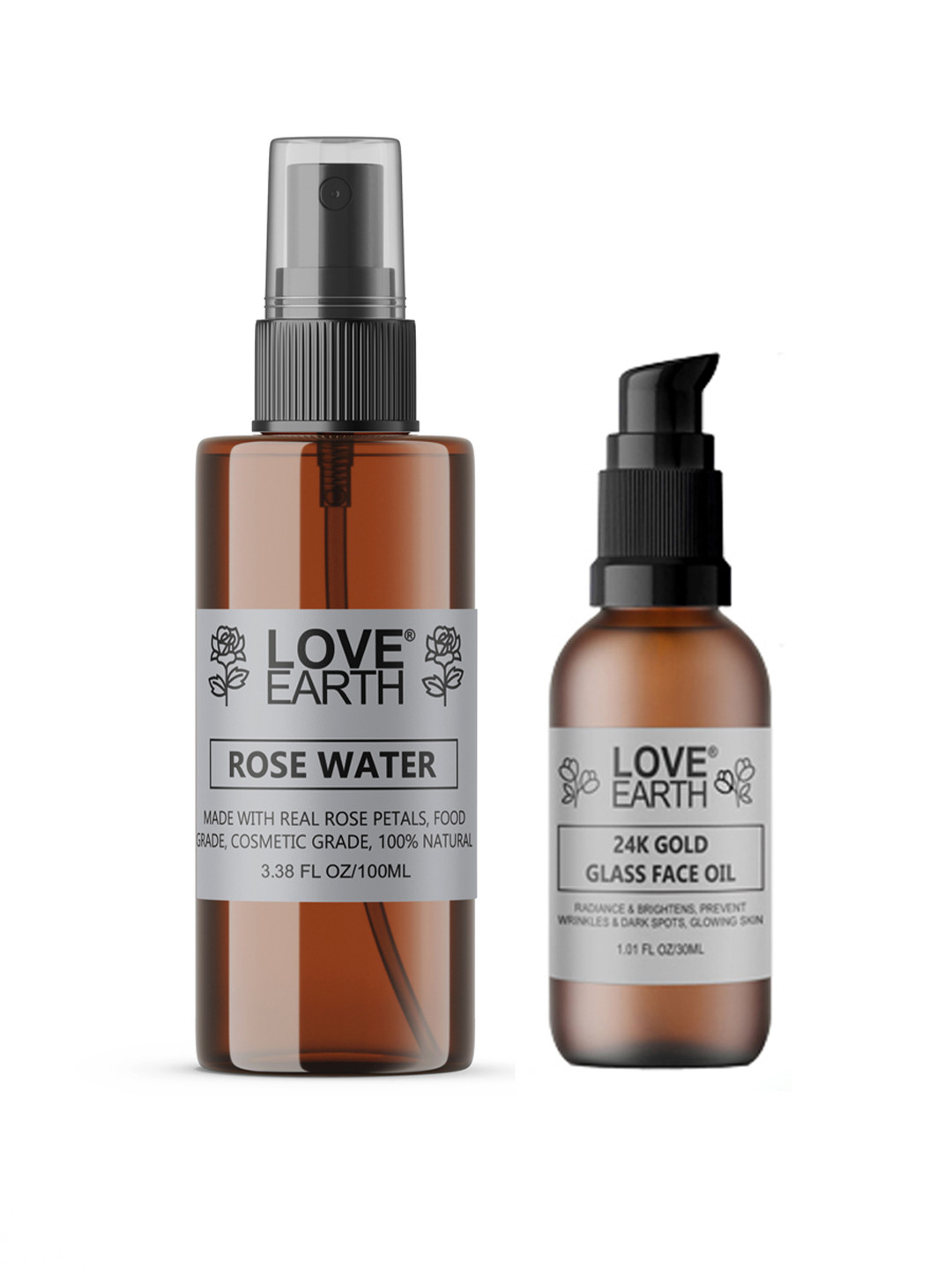 LOVE EARTH Set of Rose Water Face Mist Toner 100 ml + 24K Gold Glass Face Oil 30 ml