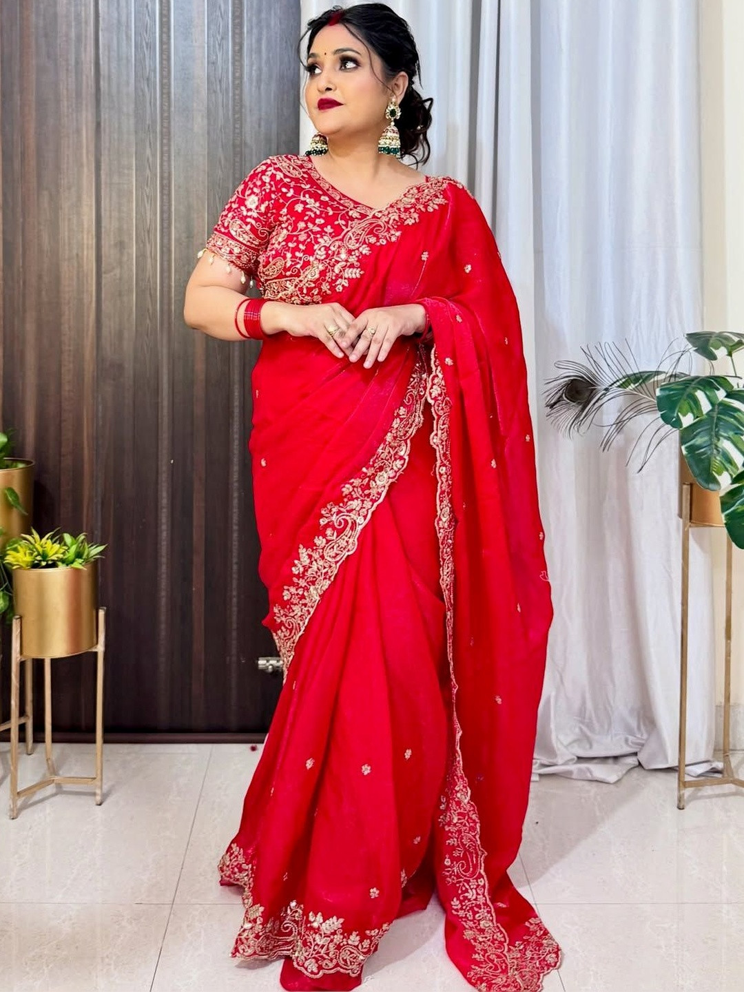 A.G.M.G FASHION Embellished Embroidered Satin Heavy Work Saree