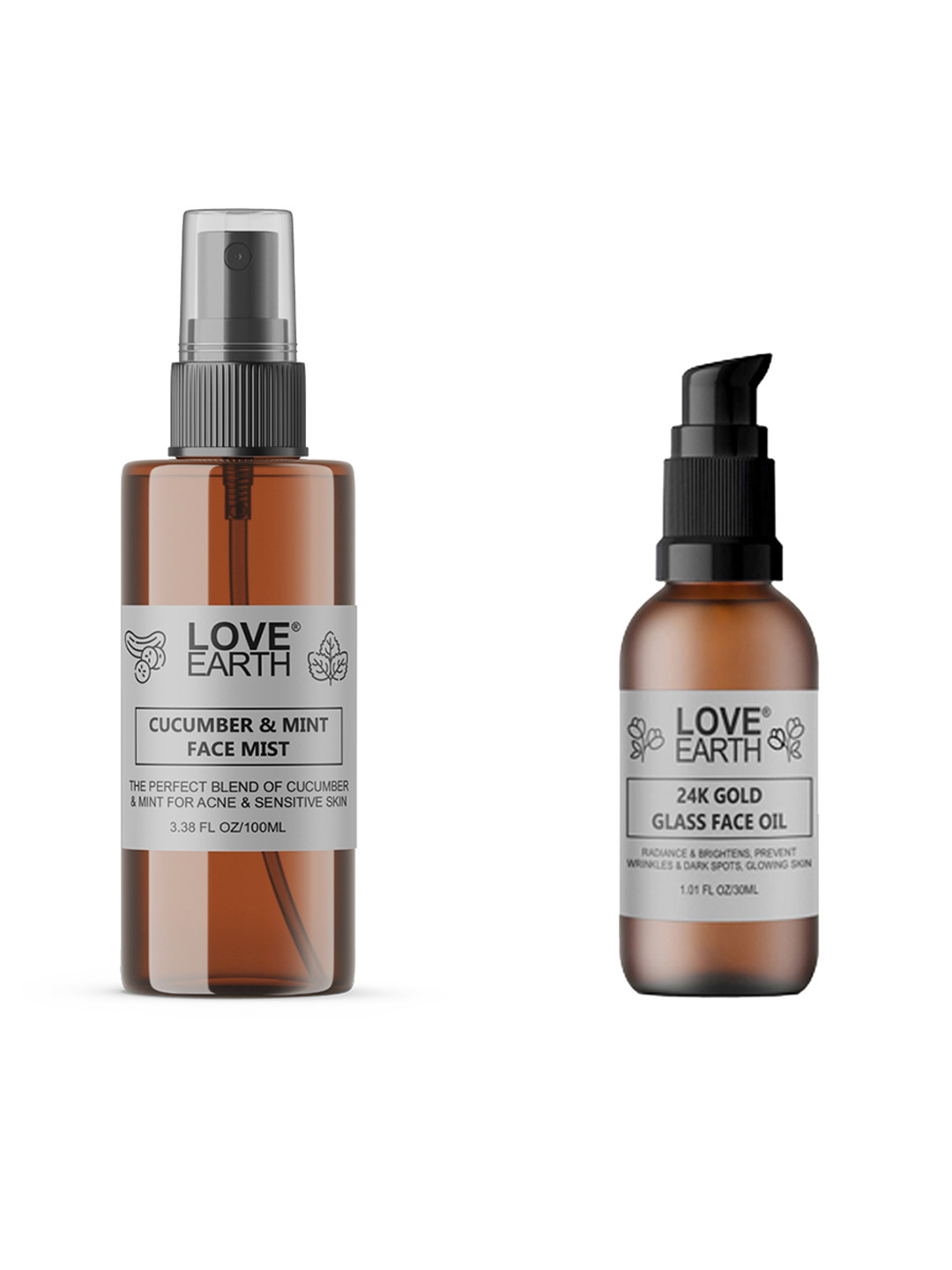 LOVE EARTH Set of Cucumber & Mint Face Mist Toner 100ml + 24K Gold Glass Face Oil 30ml