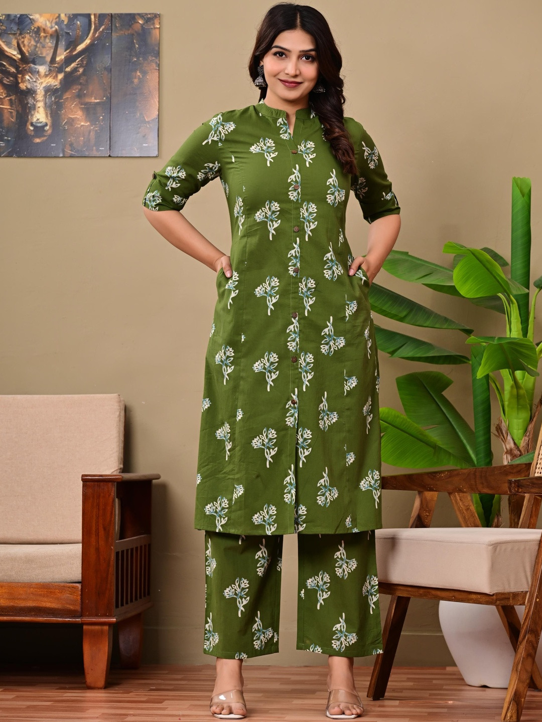 SANGANER EXPORT Women Printed Regular Pure Cotton Kurta with Trousers