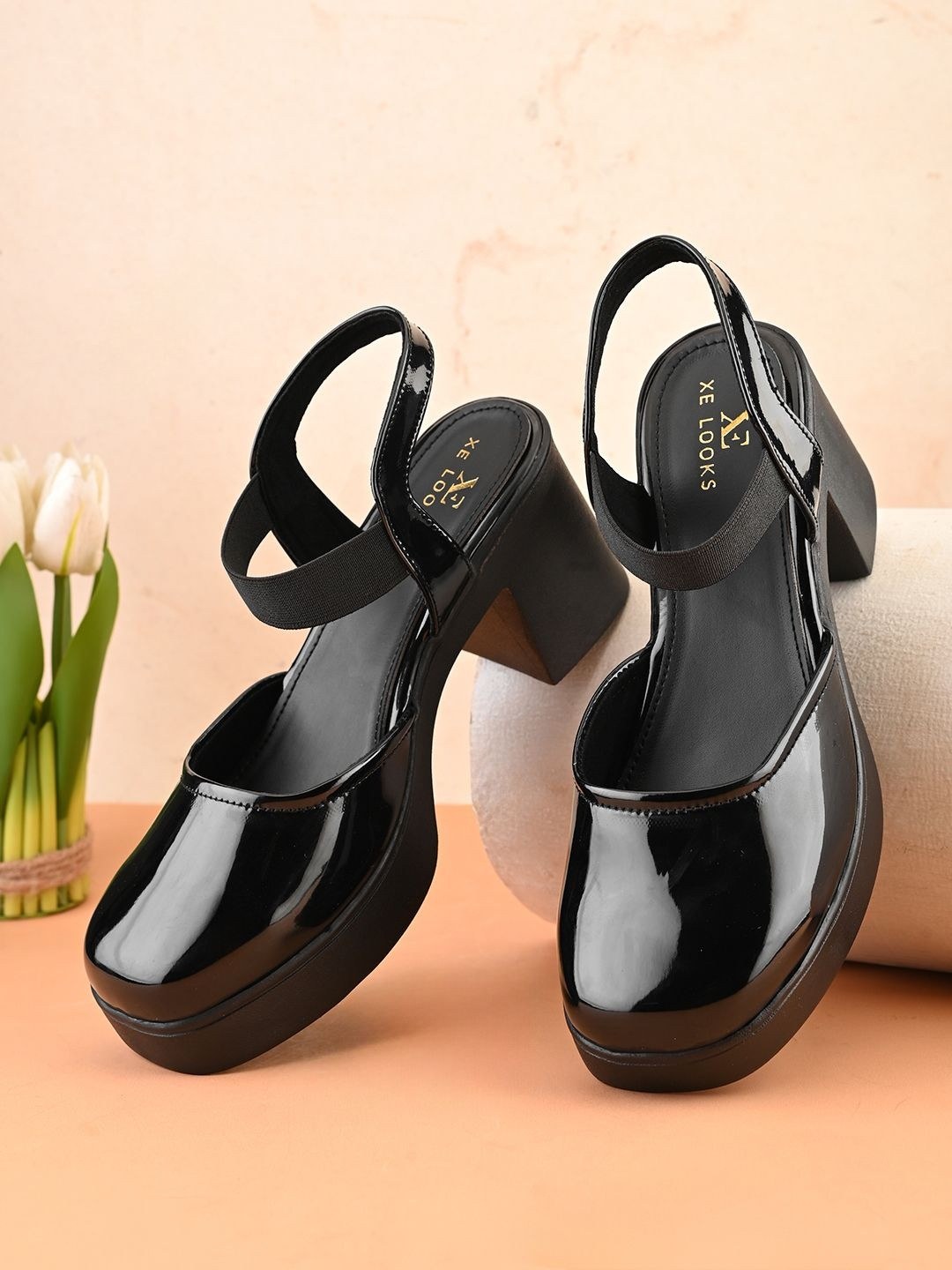 XE Looks Classic Patent Block Heel Pumps With Backstrap Soft Cushioned Formal Shoes