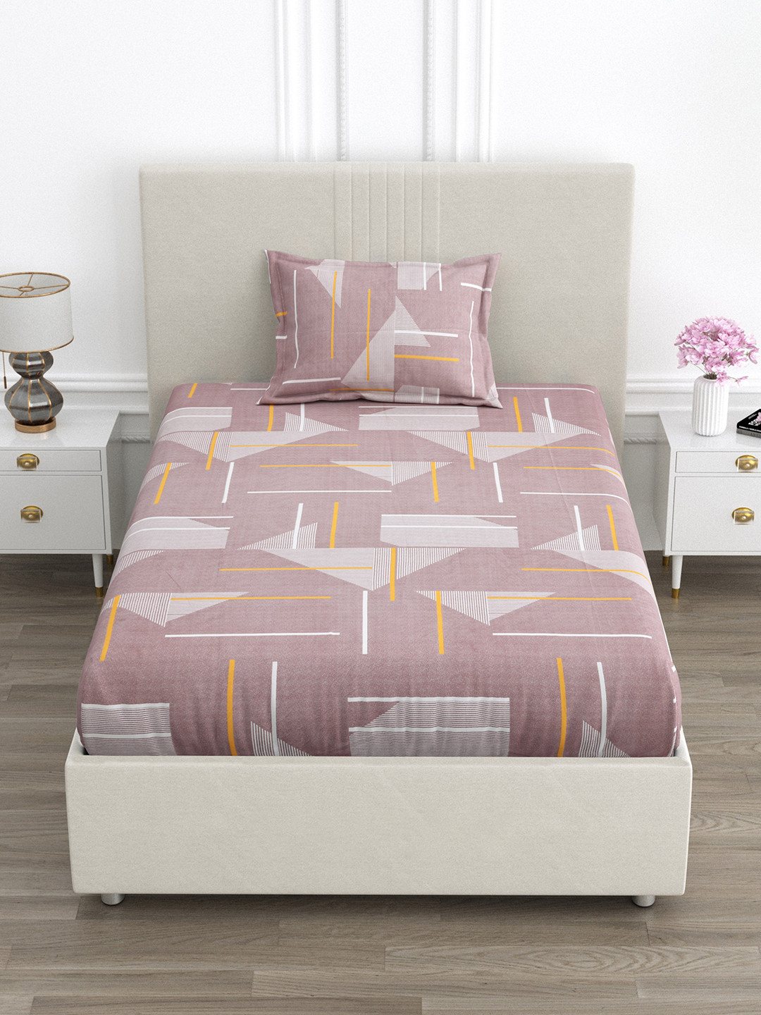 FABROLI 300 TC Red Geometric Cotton Single Bedsheet with 1 Pillow Cover - (60x90) inch