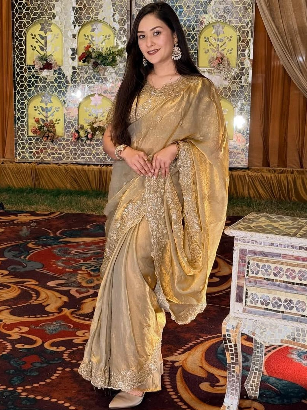 A.G.M.G FASHION Embellished Embroidered Satin Heavy Work Saree