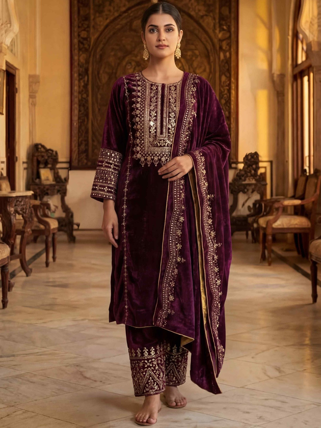 KRISKA Women Ethnic Motifs Embroidered Regular Thread Work Velvet Kurta with Trousers & With Dupatta