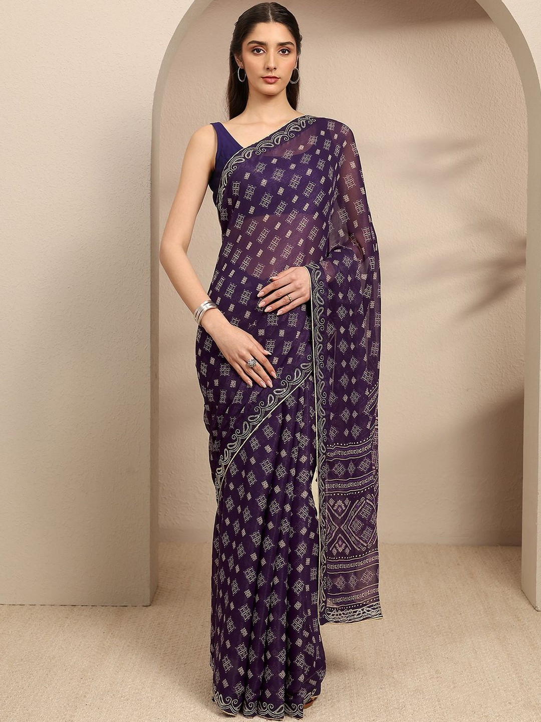 Libas Purple Ethnic Motifs Printed Saree With Unstitched Blouse Piece