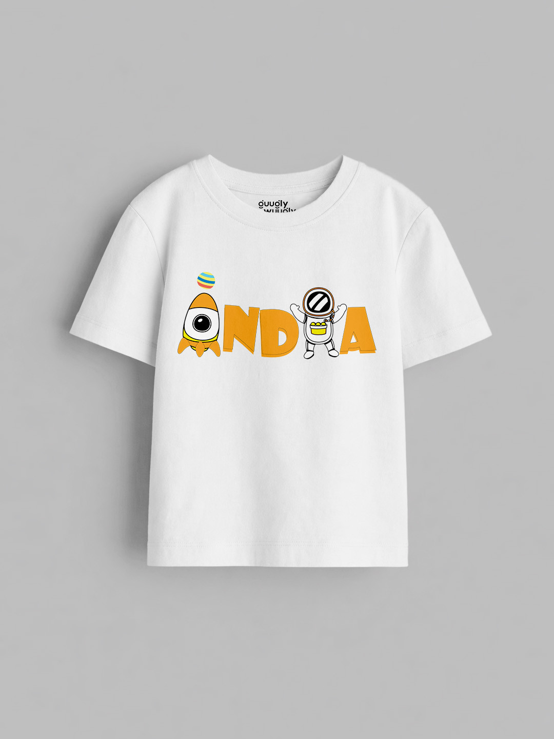 Guugly Wuugly Boys Round Neck Cotton India Astronaut Printed White T-shirt