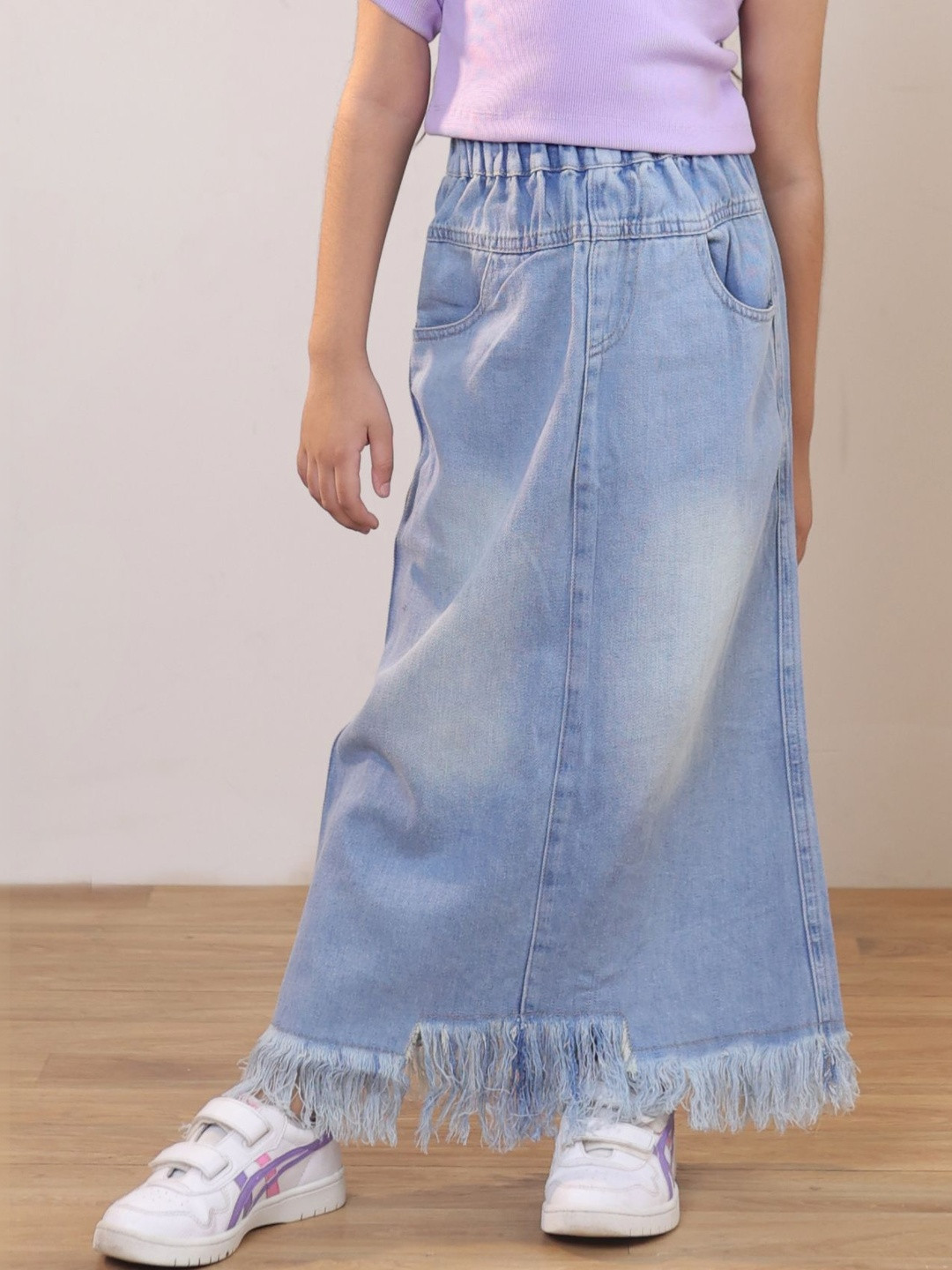 SHORGUL Girls Denim Frayed Denim Maxi Skirt