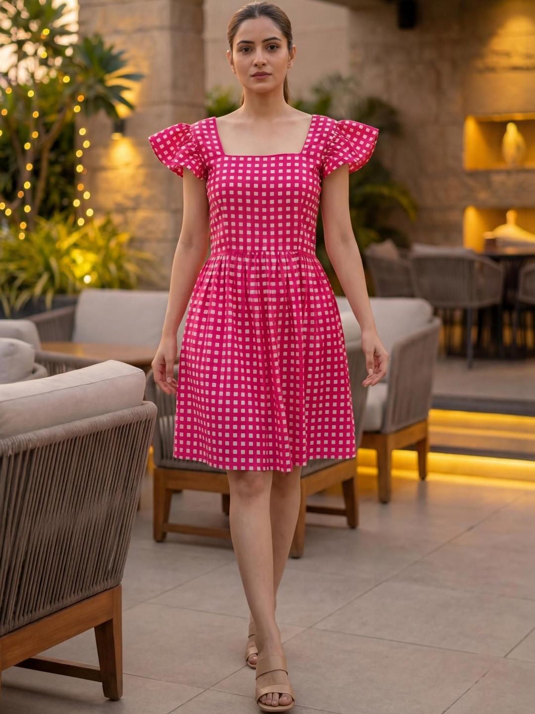 LOVEPRASHA Checked Flutter Sleeve Fit & Flare Dress
