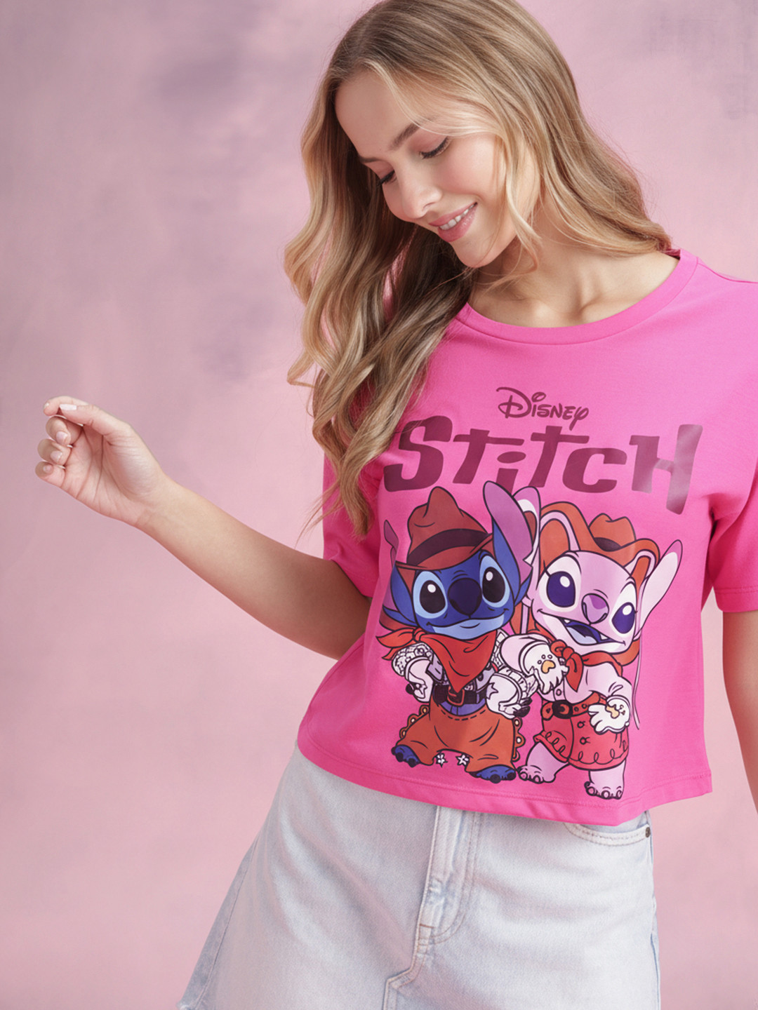 Disney by DressBerry Lilo & Stitch Printed Drop-Shoulder Sleeves Boxy T-shirt