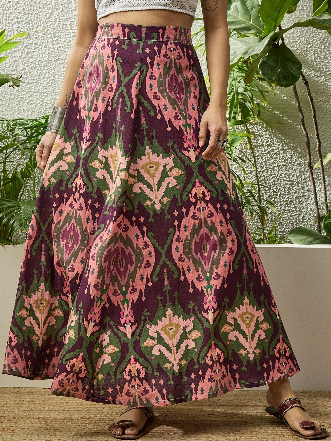 InWeave Women Cotton Floral Maxi A-Line Skirt