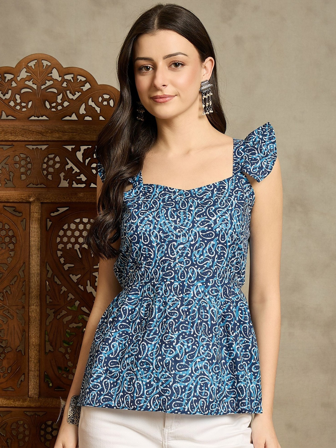 VANSIRI Print Flutter Sleeve Cotton Peplum Top