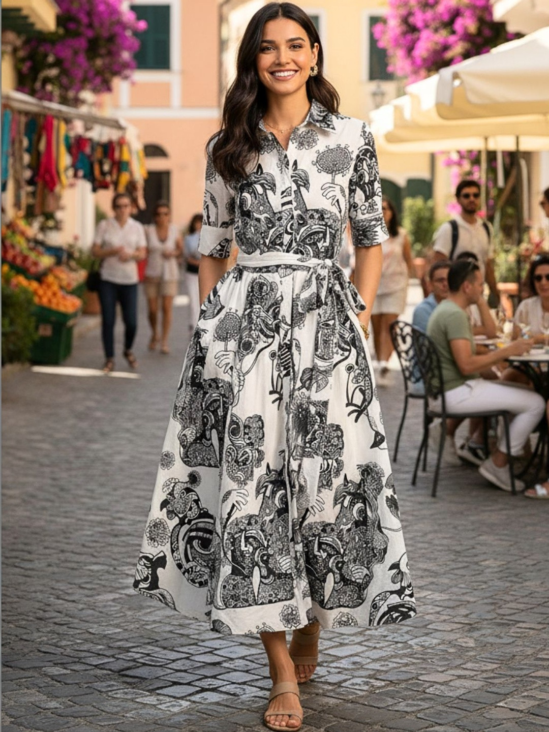 Uptownie Abstract Printed Cotton Belted Fit And Flare Midi Shirt Dress