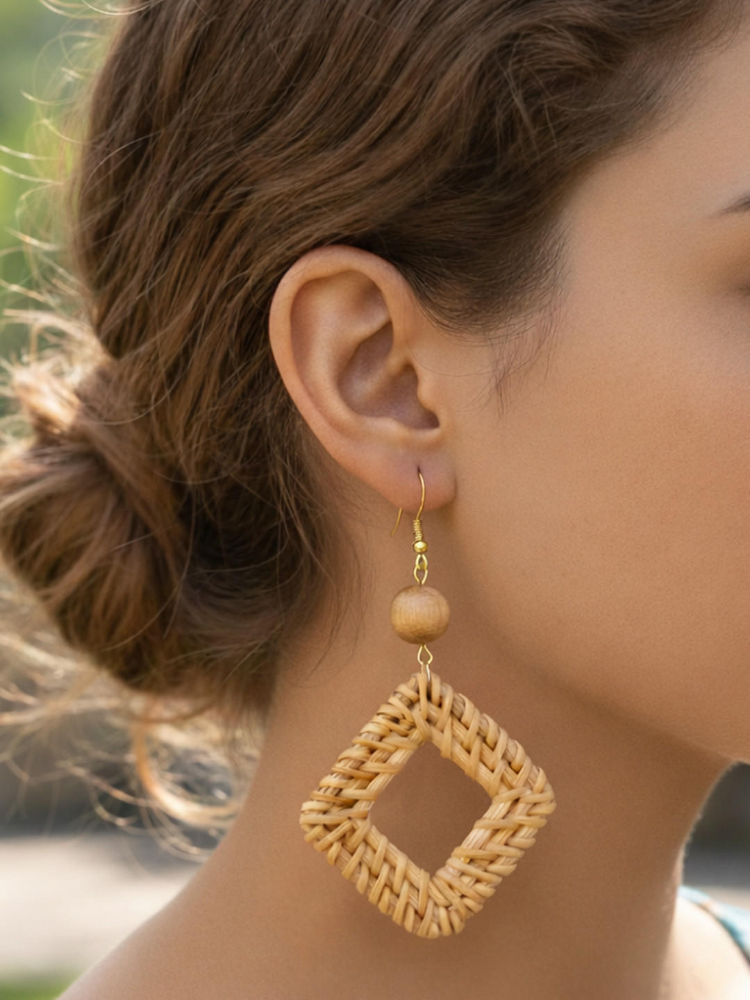 ARTKLIM Artificial Beaded Boho Rattan Wooden Square Drop Earrings
