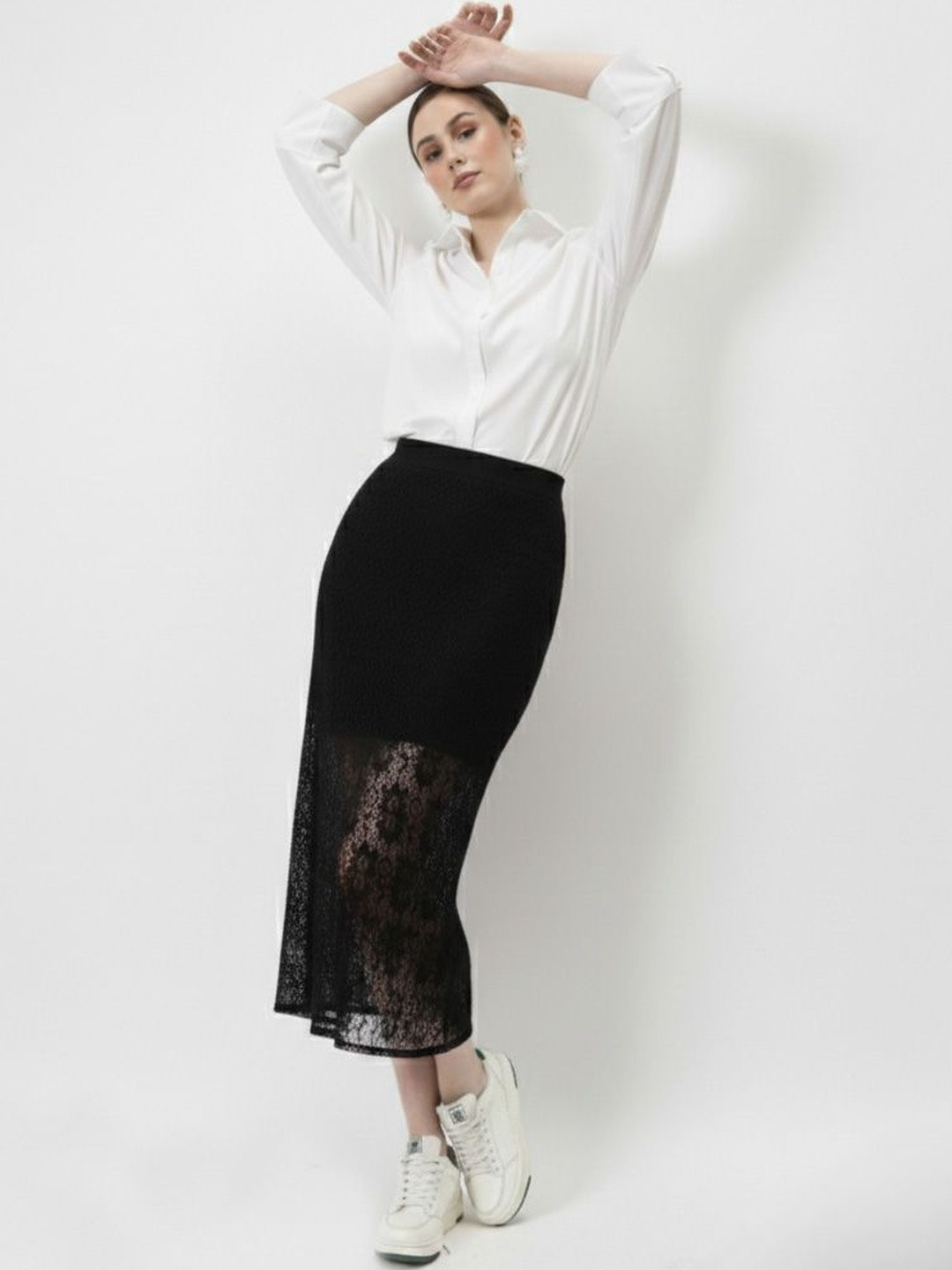 Athena Women Lace Self Design Sheer Midi Straight Skirt
