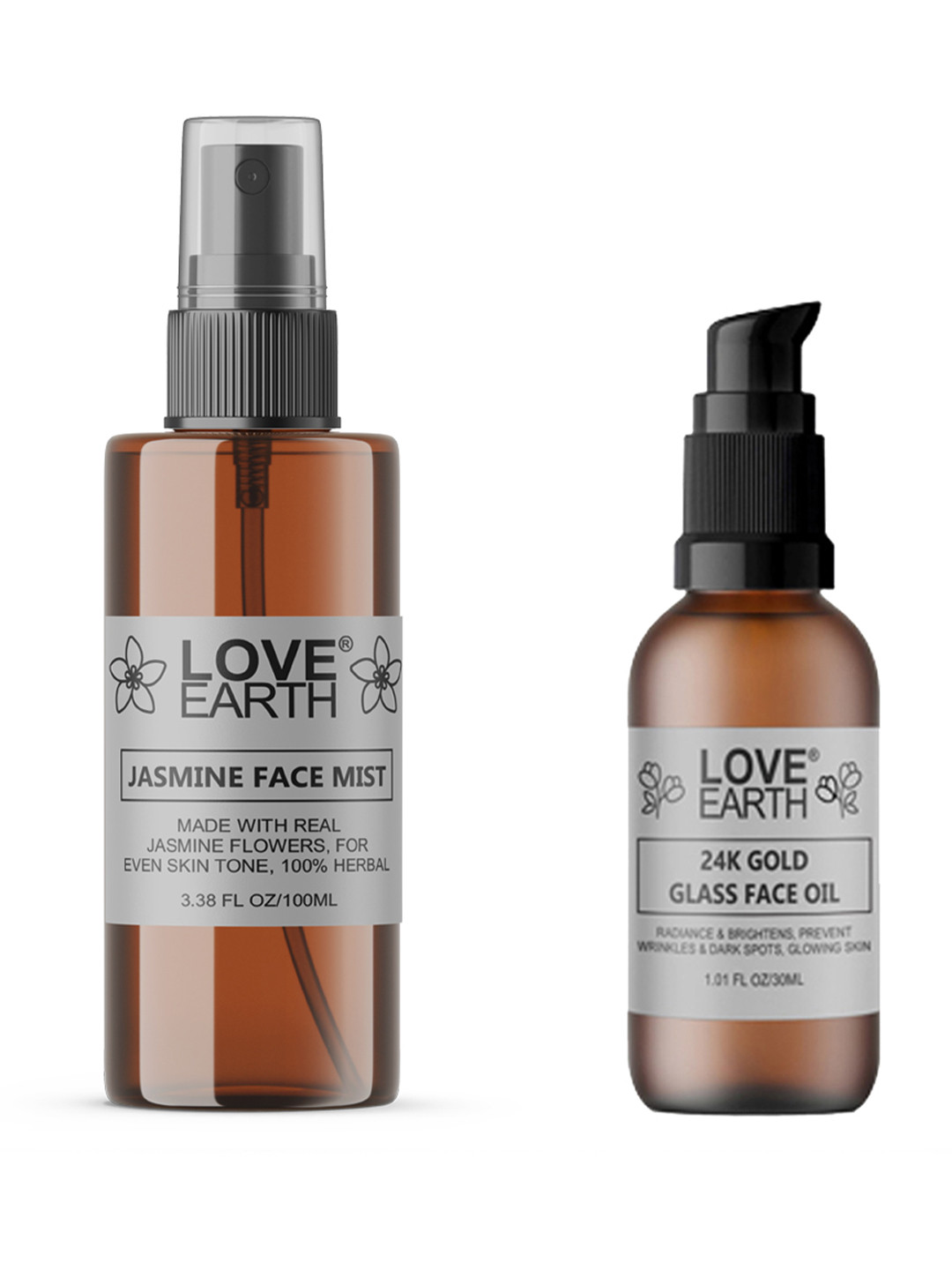 LOVE EARTH 24K Gold Glass Face Oil 30ml & Jasmine Face Mist Toner 100ml