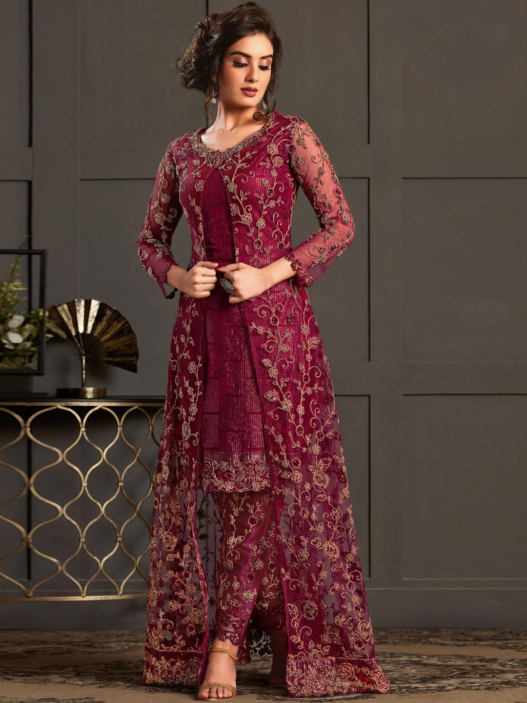 RUDRAPRAYAG Floral Embroidered Net Maxi Dress
