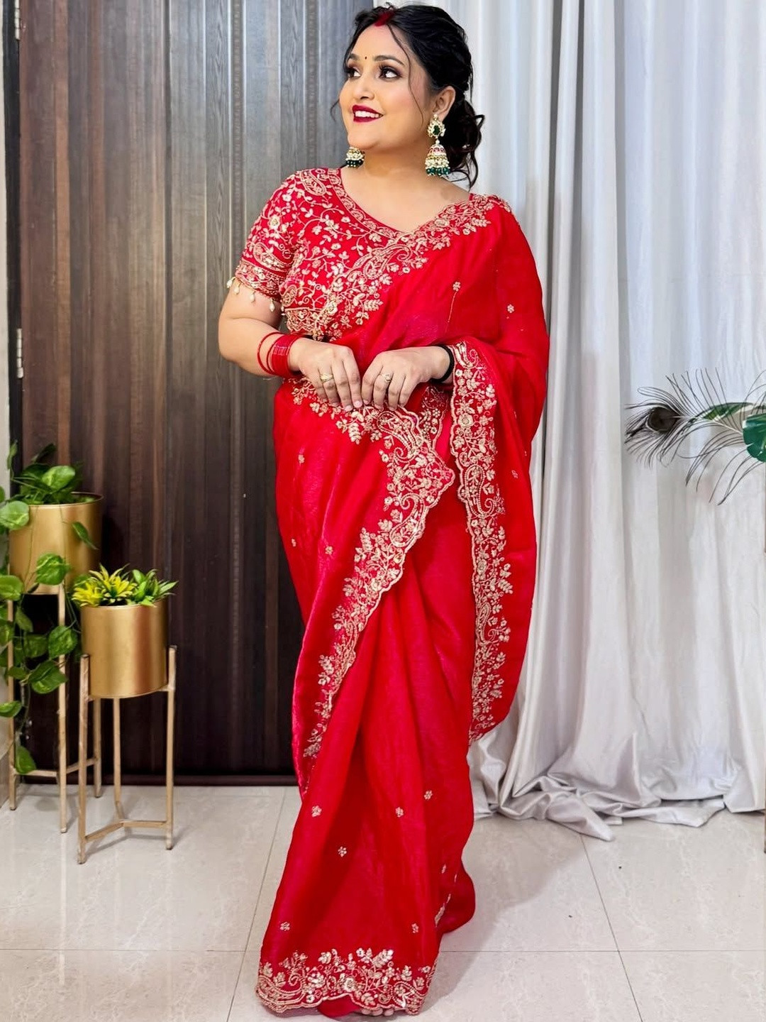 A.G.M.G FASHION Woven Design Satin Fusion Saree