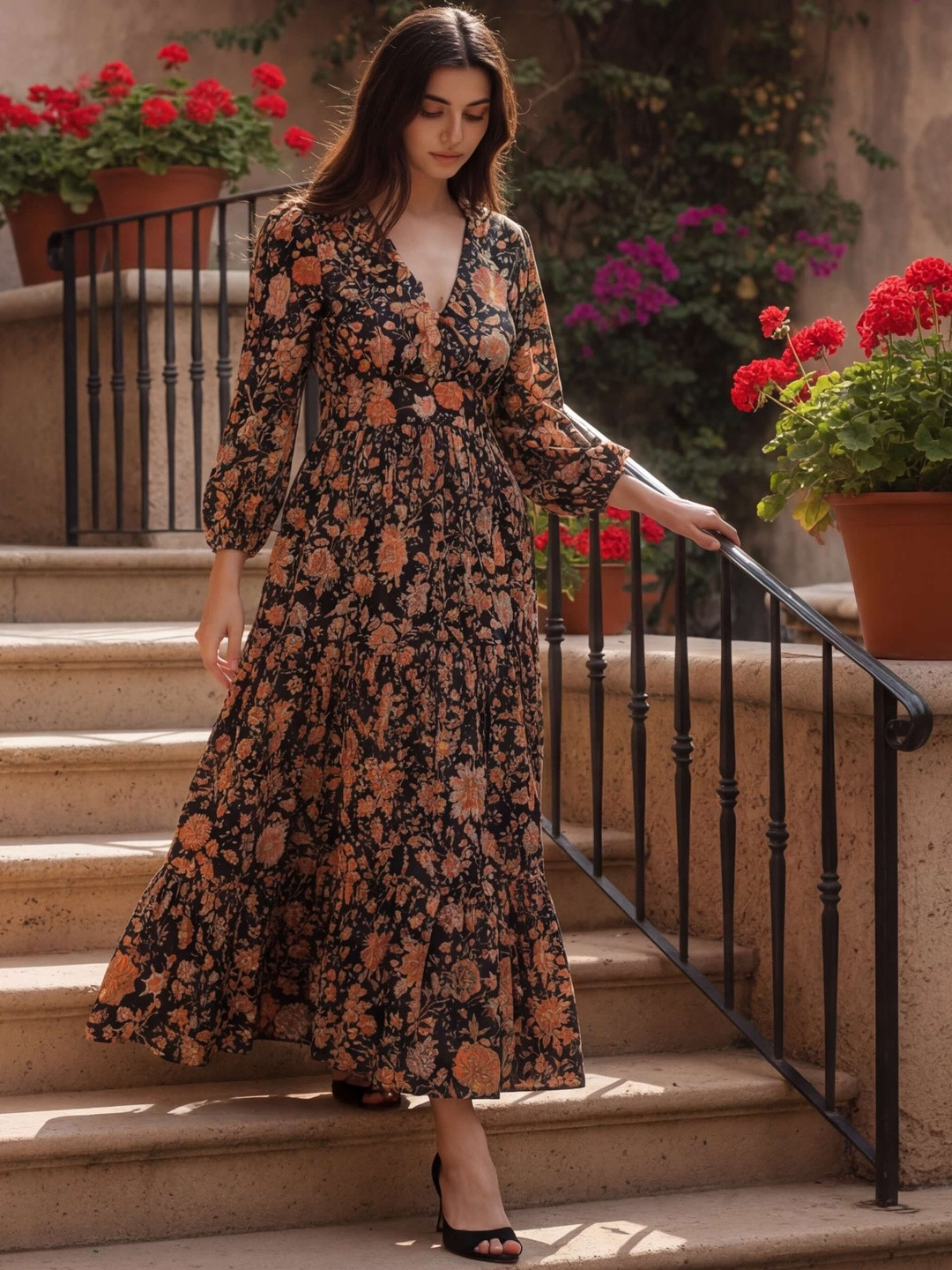 MASAKALI Floral Print Puff Sleeve Georgette Maxi Dress