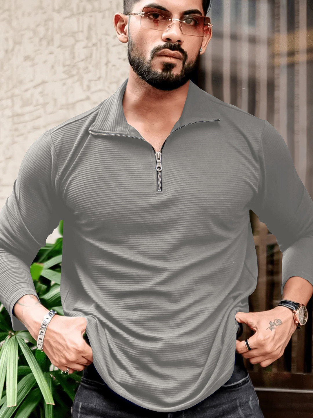 HAPPY KHAJANA Men Polo Collar Regular Fit Half Zipped T-shirt