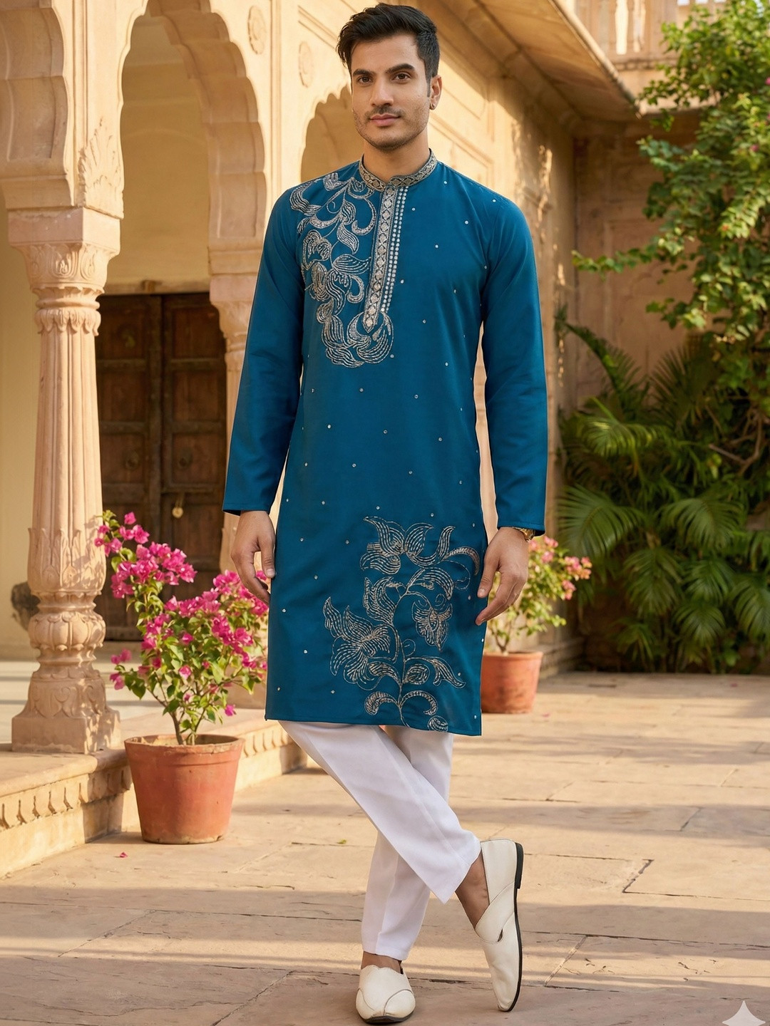 RANGRAAG Men Ethnic Motifs Embroidered Regular Thread Work Kurta with Pyjamas