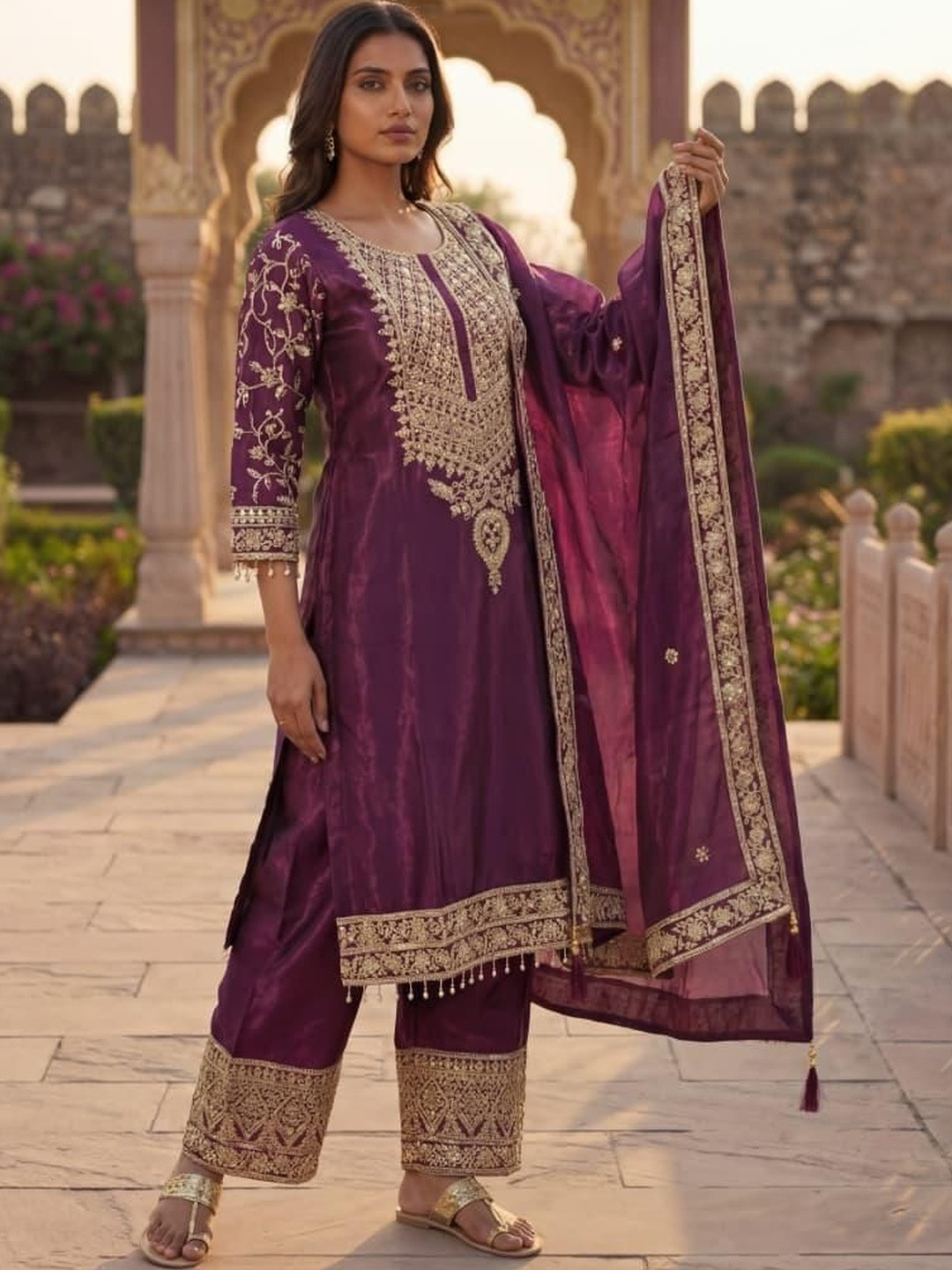 Varsha Fashion Ethnic Motifs Embroidered Regular Thread Work Pure Silk Kurta with Palazzos