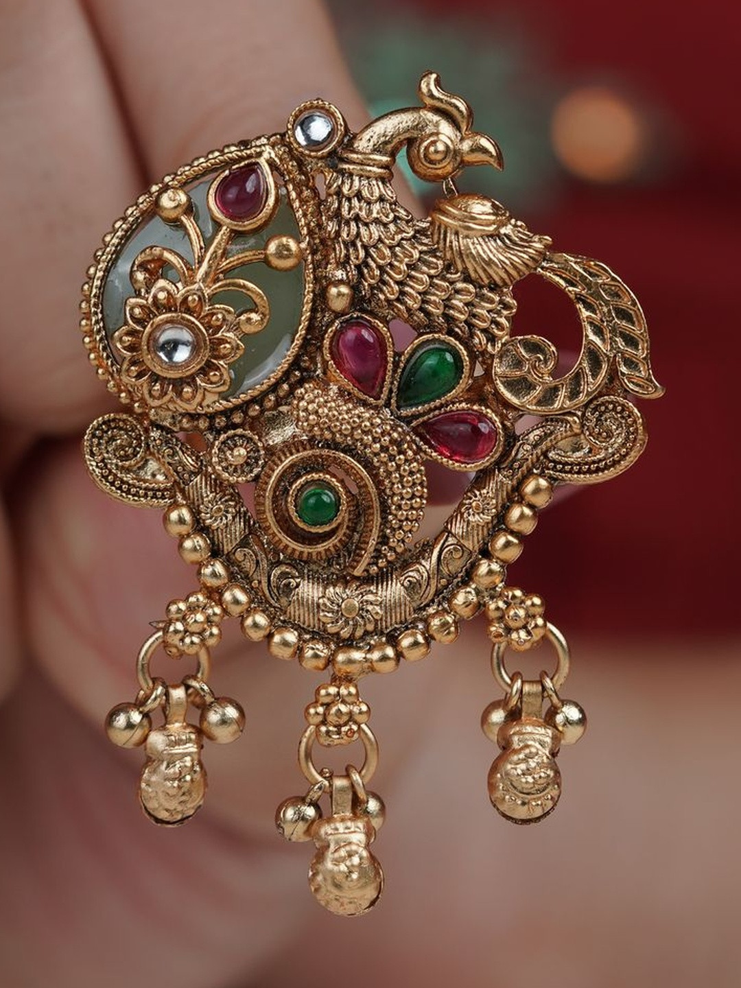 jueri Gold-Plated Brass Stones -Studded and Beaded Finger Ring