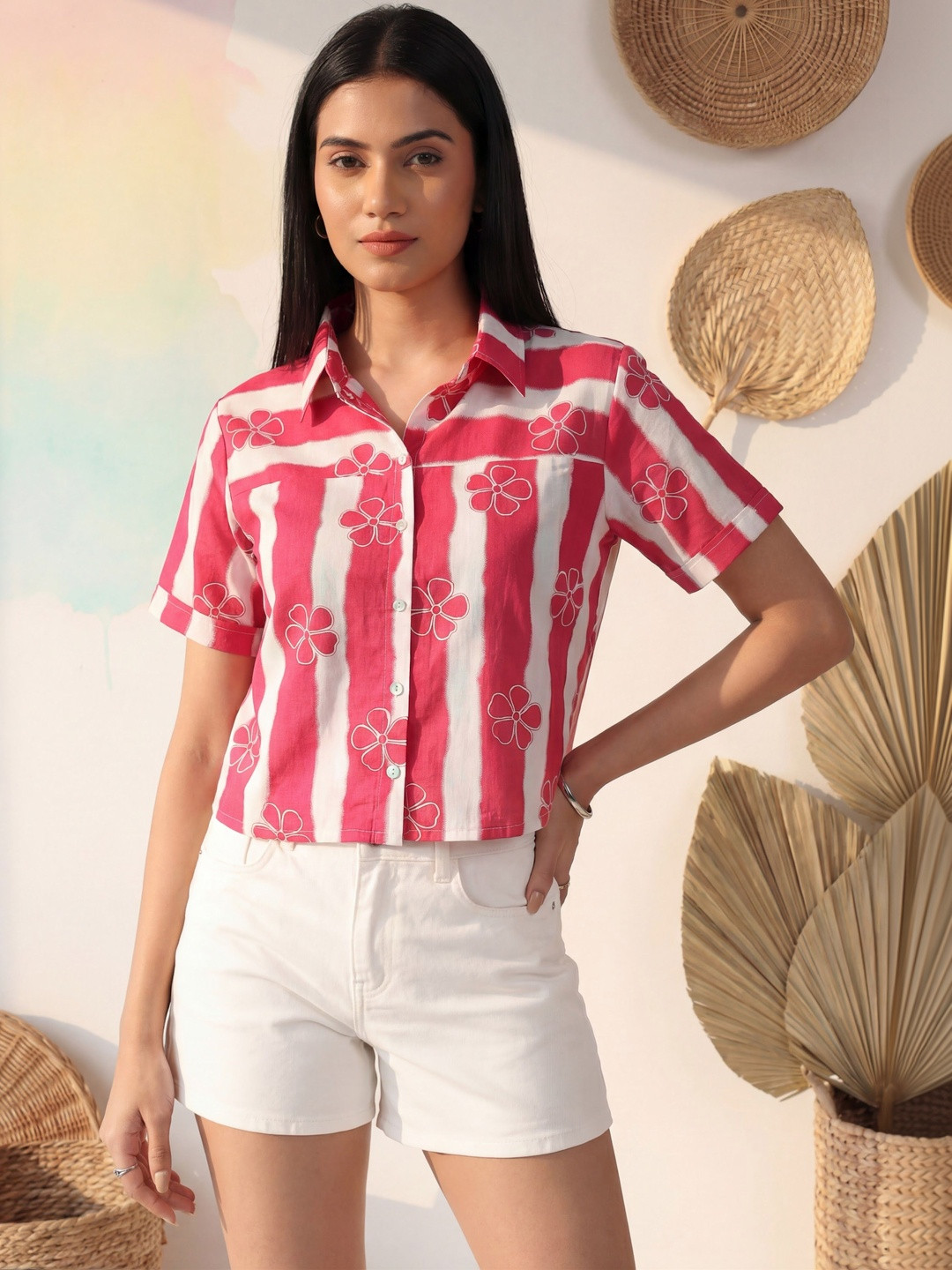 Sangria FUZN Floral Print Cotton Shirt Style Crop Top