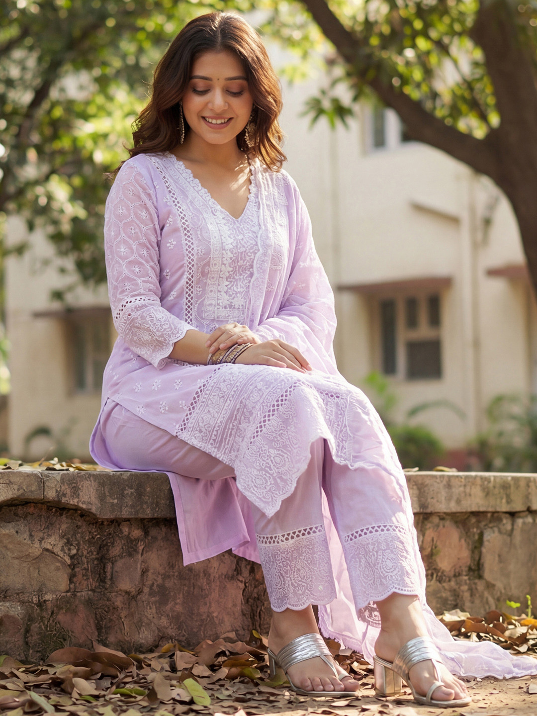 Indo Era Women Ethnic Motifs Embroidered Regular Chikankari Pure Cotton Kurta with Trousers & With Dupatta