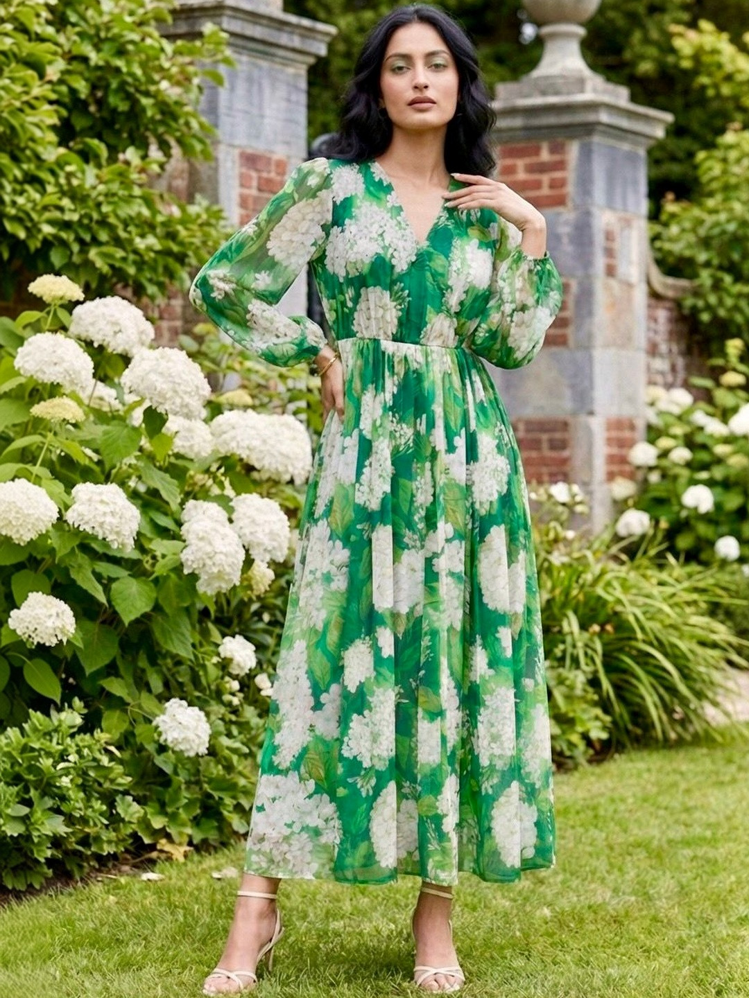 Green Floral Georgette Midi Dress with Long Sleeves