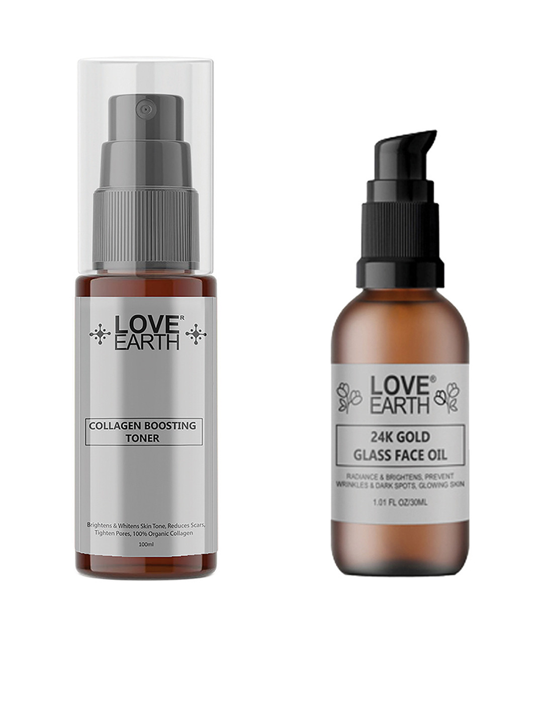 LOVE EARTH 24K Gold Glass Face Oil 30ml & Collagen Boosting Toner 100ml