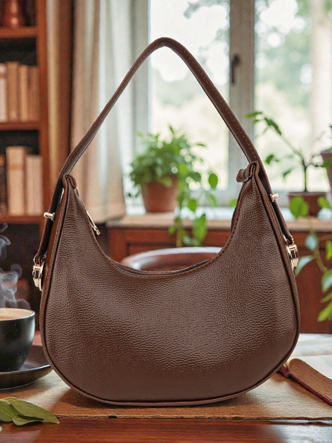 Springberry Textured PU Half Moon Shoulder Bag