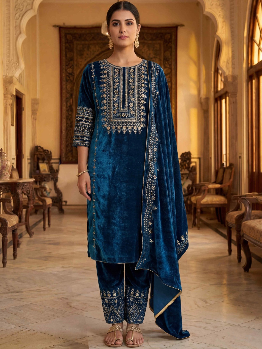 KRISKA Women Ethnic Motifs Embroidered Regular Thread Work Velvet Kurta with Trousers & With Dupatta