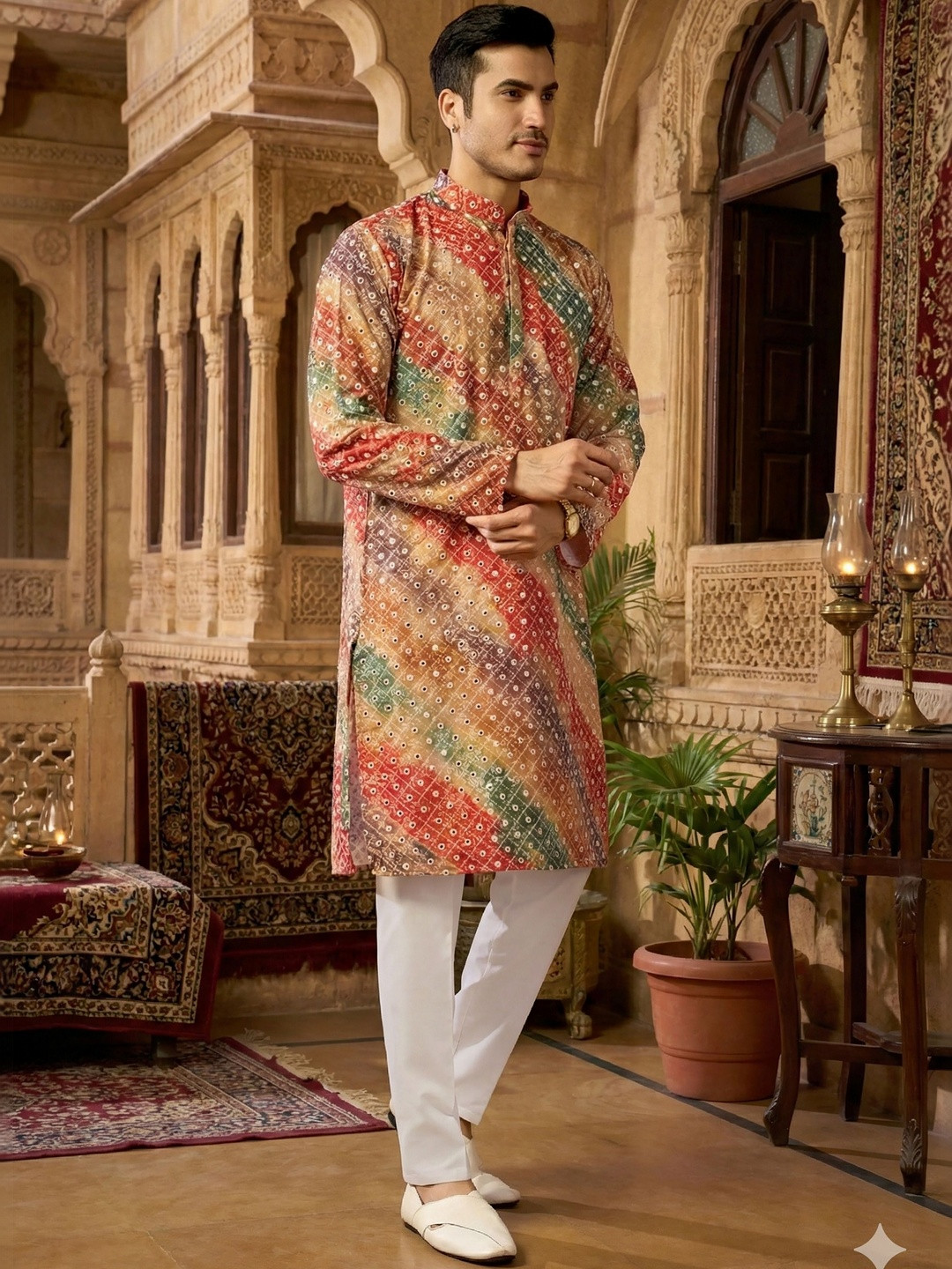 RANGRAAG Men Bandhani Printed Regular Mirror Work Kurta with Pyjamas