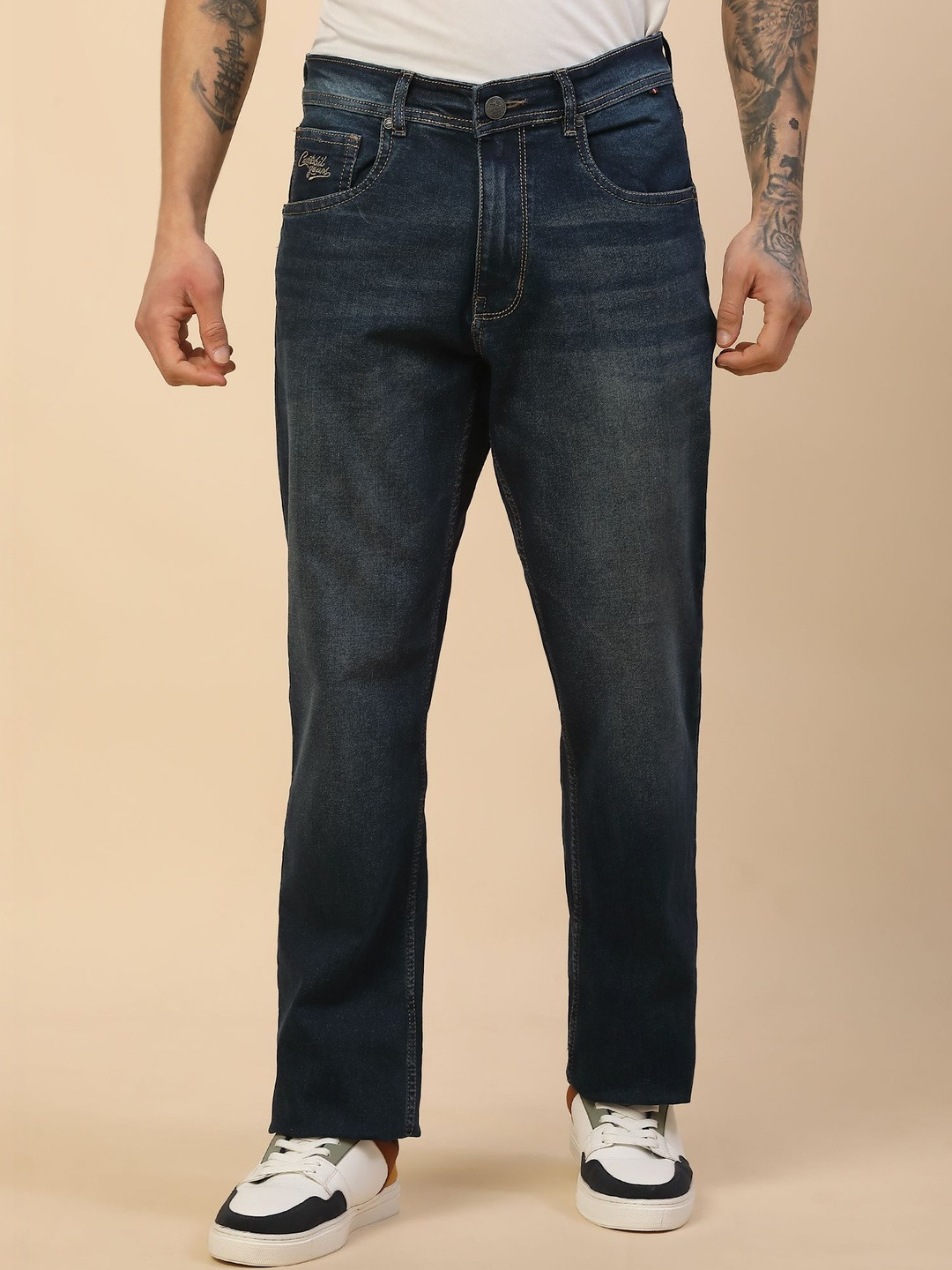 Cantabil Men Comfort Wide Leg Mid-Rise Light Fade Stretchable Jeans