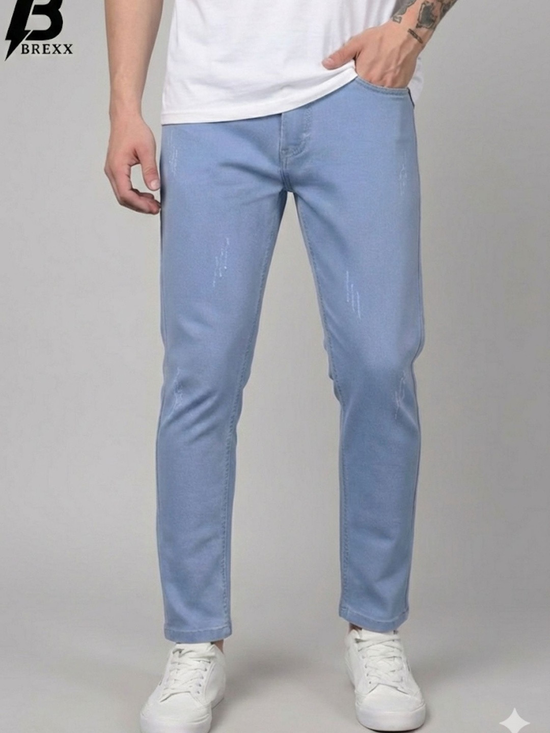 BREXX Men Comfort Slim Fit Mid-Rise Low Distress Light Fade Stretchable Jeans