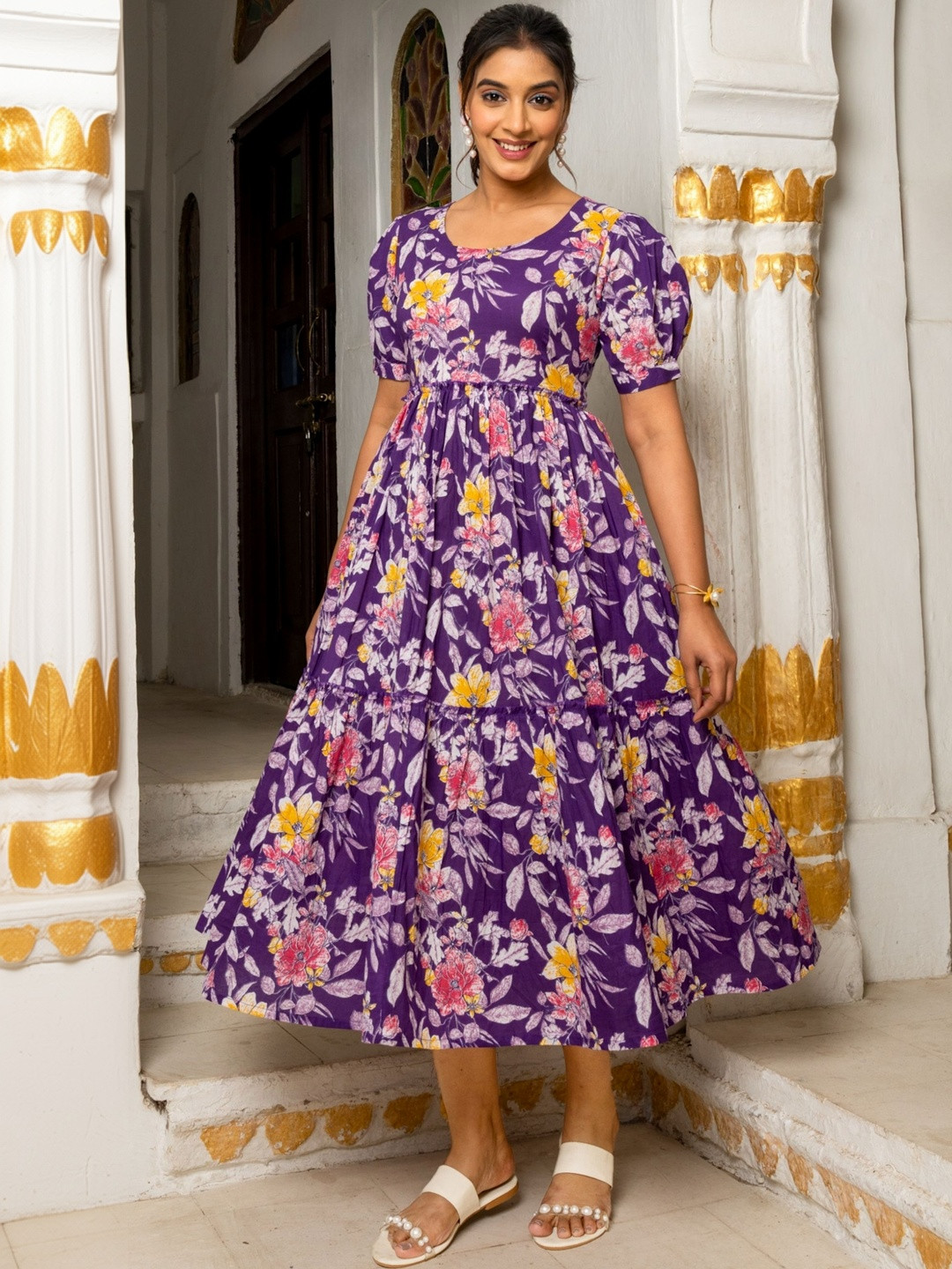 GAYRAA Floral Print Puff Sleeve A-Line Midi Dress