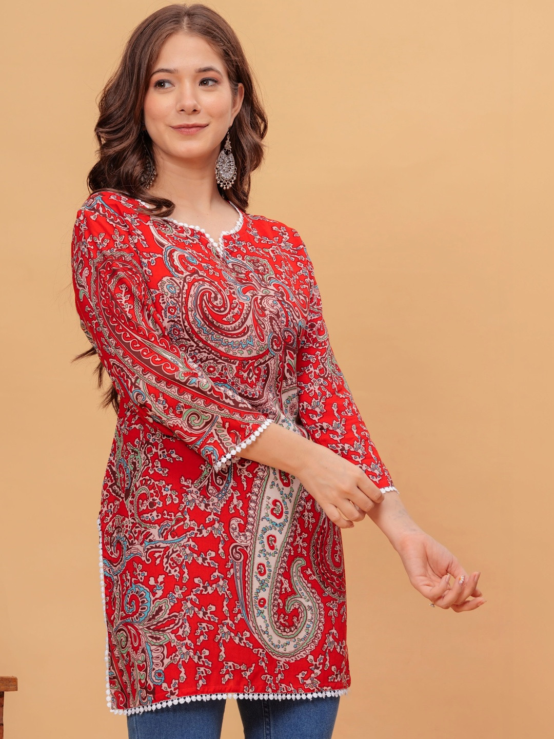 DEEPYOG APPAREL Paisley Printed V-Neck Ruffles Top
