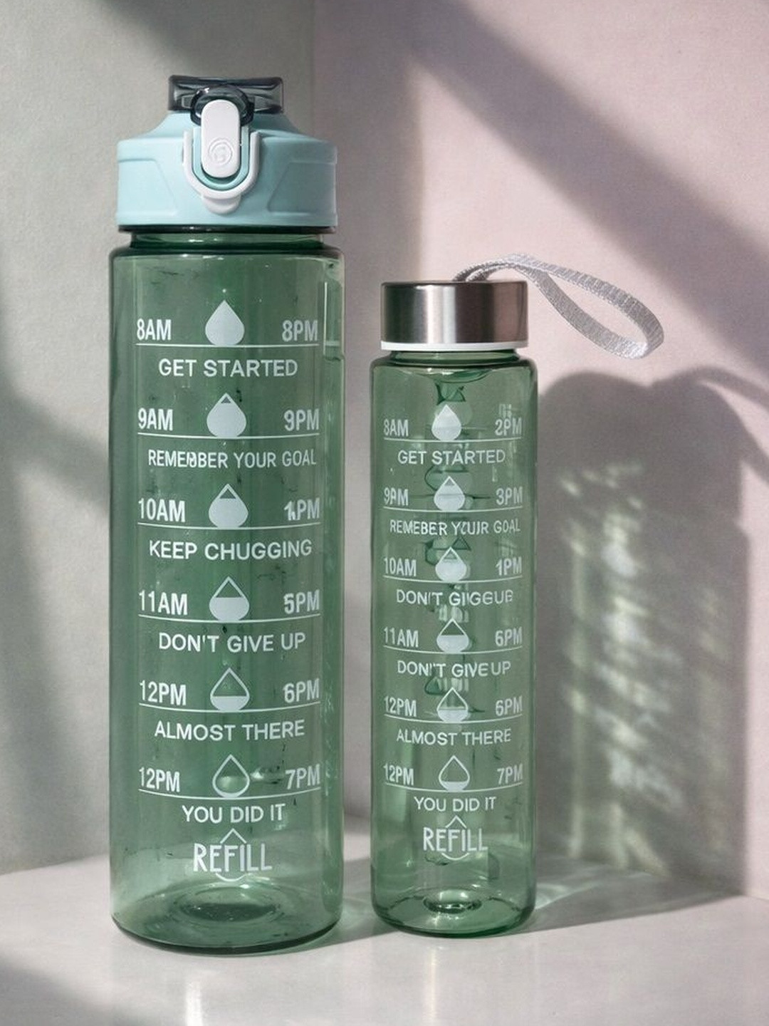 PIXNA Green & White Set of 2 Plastic Solid Water Bottle