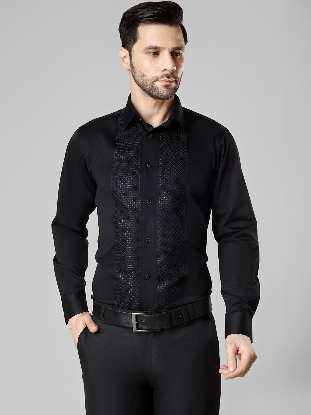 DESIGN UP Men Premium Slim Fit Pintucks Cotton Sartin Tuxedo Party Shirt