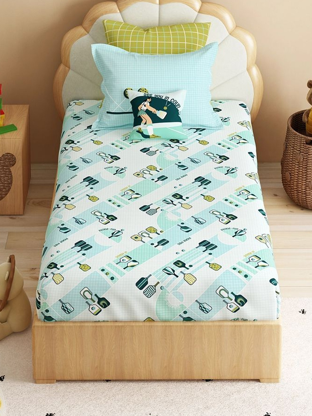 MYTRIDENT Blue Conversational 144 TC Single Bedsheet with 1 Pillow Covers