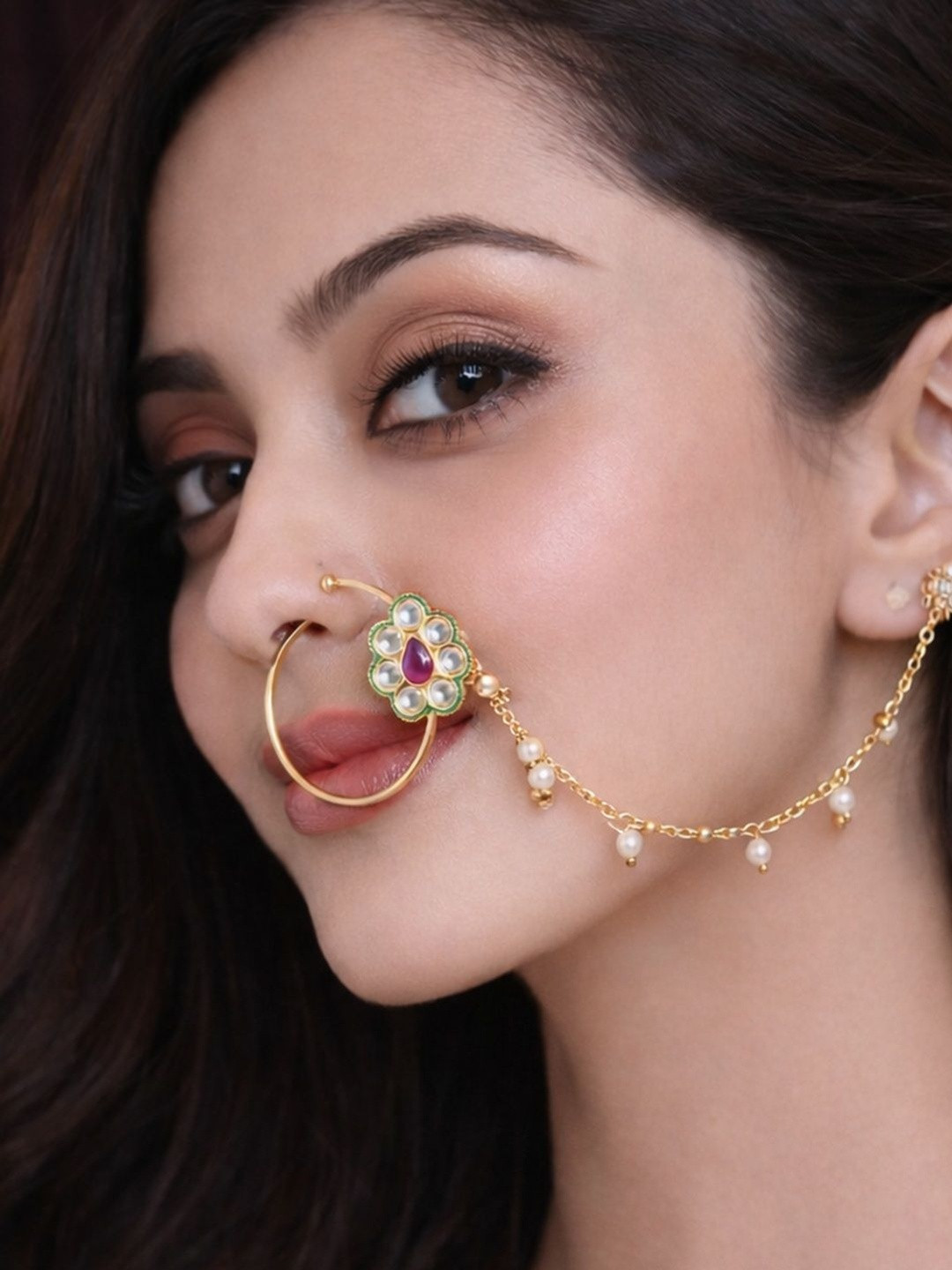 SUGARFRILL Gold-Plated Kundan Chained Nosepin